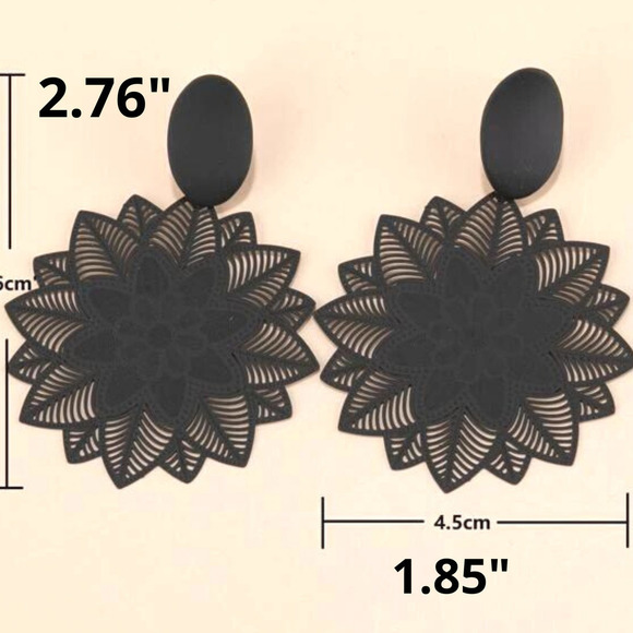 Black Dangle Earrings Boho Floral Flower Drop Earrings Vintage Design Sunburst - Picture 4 of 4